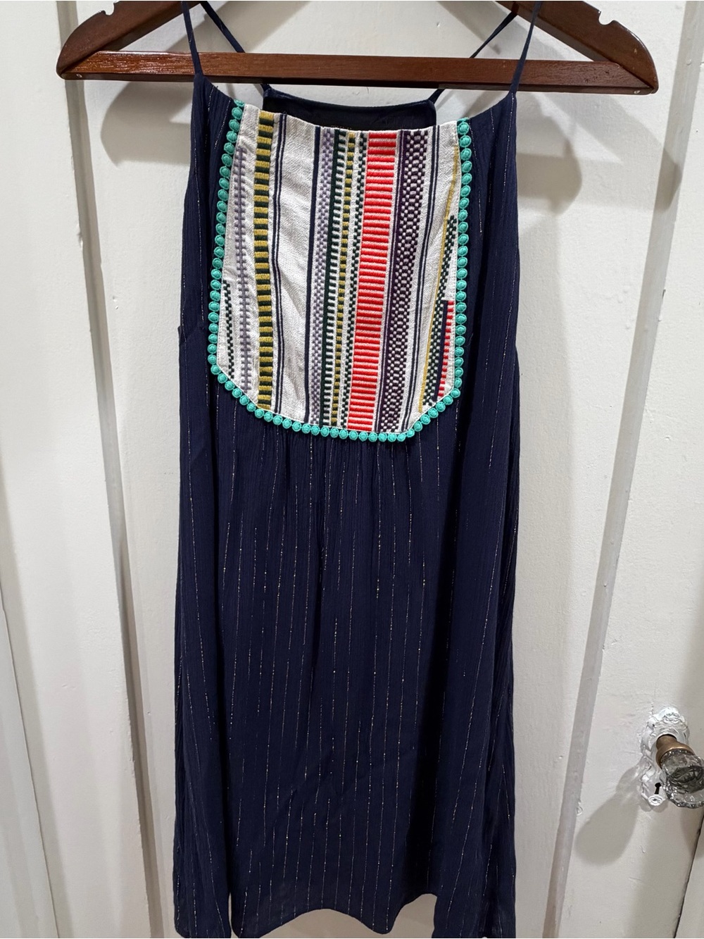 THML Navy Midi Dress with Multicolor Embroidered Bib